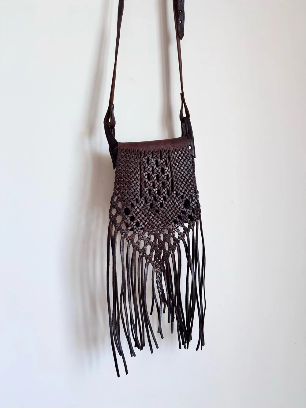 Vintage Genuine Leather Woven Macrame Fringe Crossbody Bag Brown